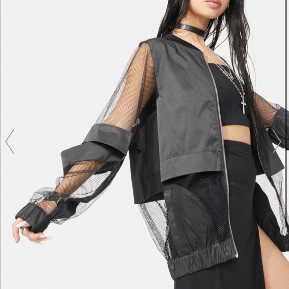 Marigold Shadows Abbey Hollow Black Mesh Cutout Bomber Jacket